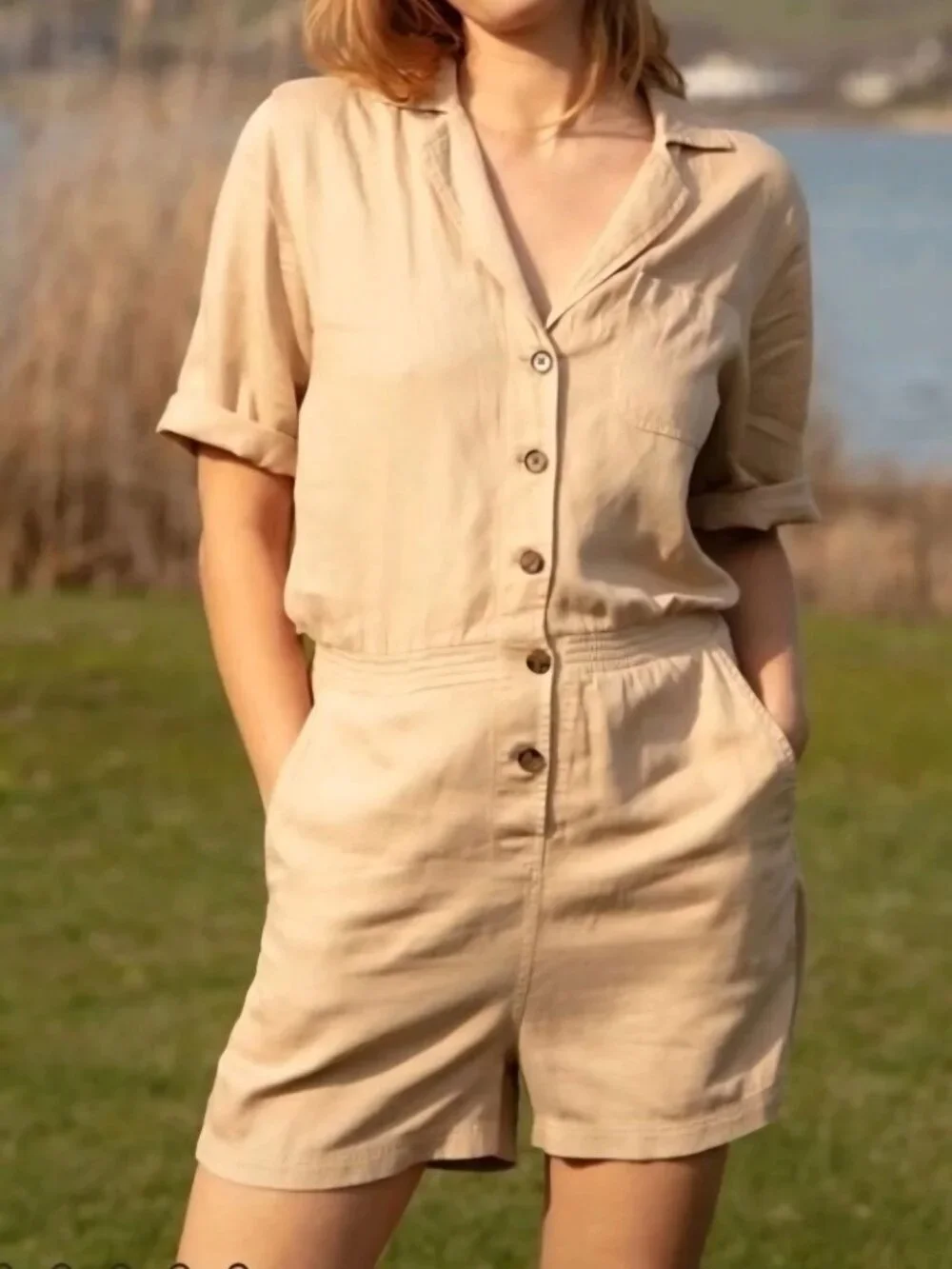 Faherty Arlie Day Romper Summer Sand Comfort Pockets Elastic Waist Size S